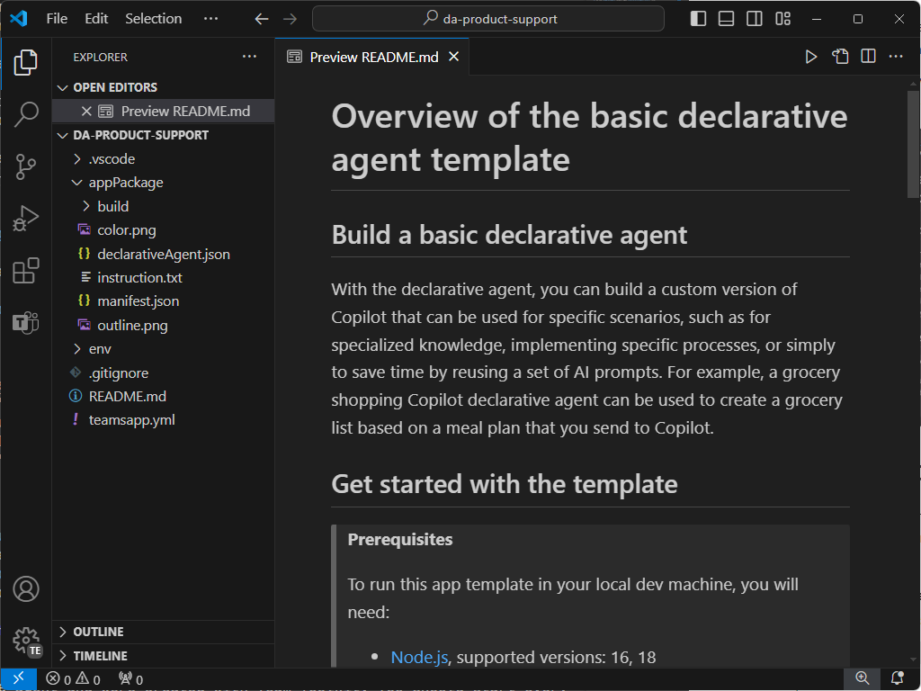 Screenshot of Visual Studio Code that shows the starter project readme file and folder structure in the Explorer view.