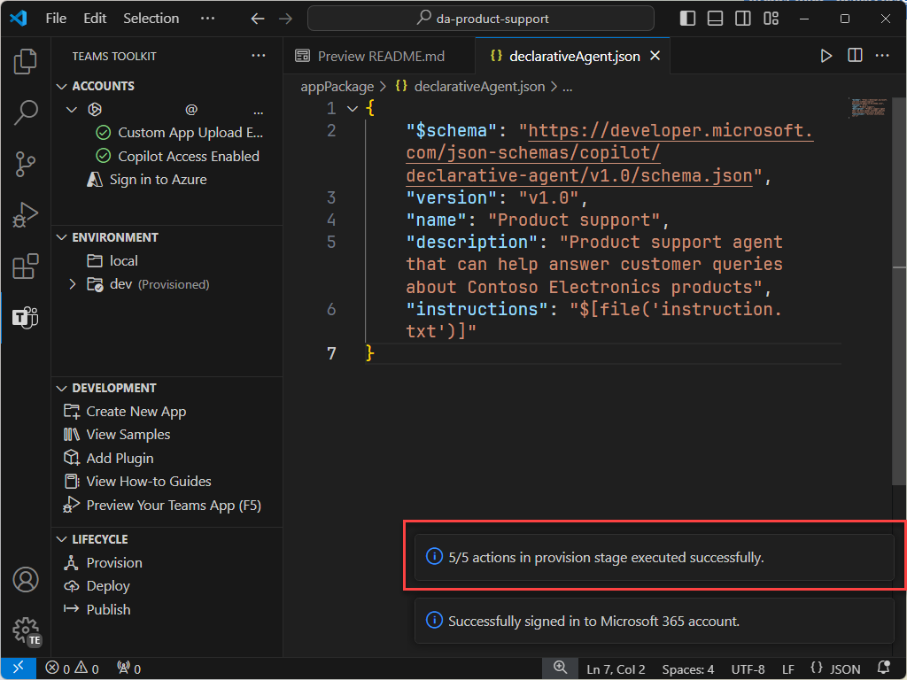 Screenshot of Visual Studio Code showing a toast notification confirming the provisioning process is complete. The toast notification is highlighted.