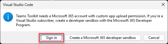 Screenshot of a prompt from Visual Studio Code asking the user to sign in to Microsoft 365. The Sign in button is highlighted.