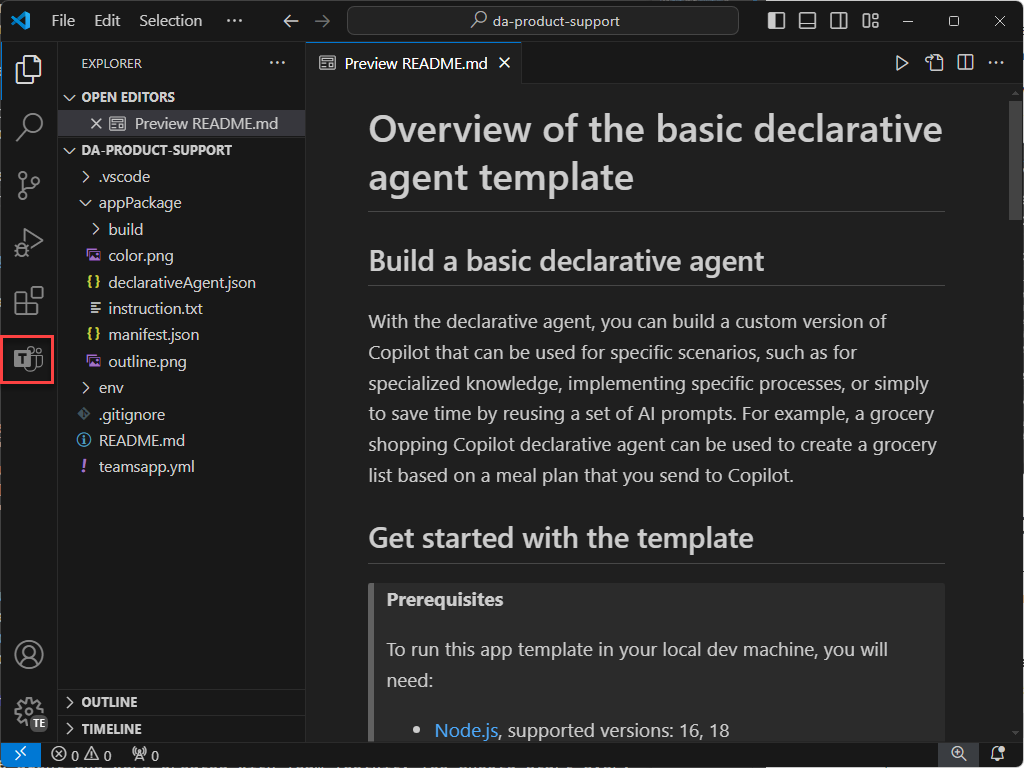 Screenshot of Visual Studio Code. The Teams Toolkit icon is highlighted on the Activity Bar.