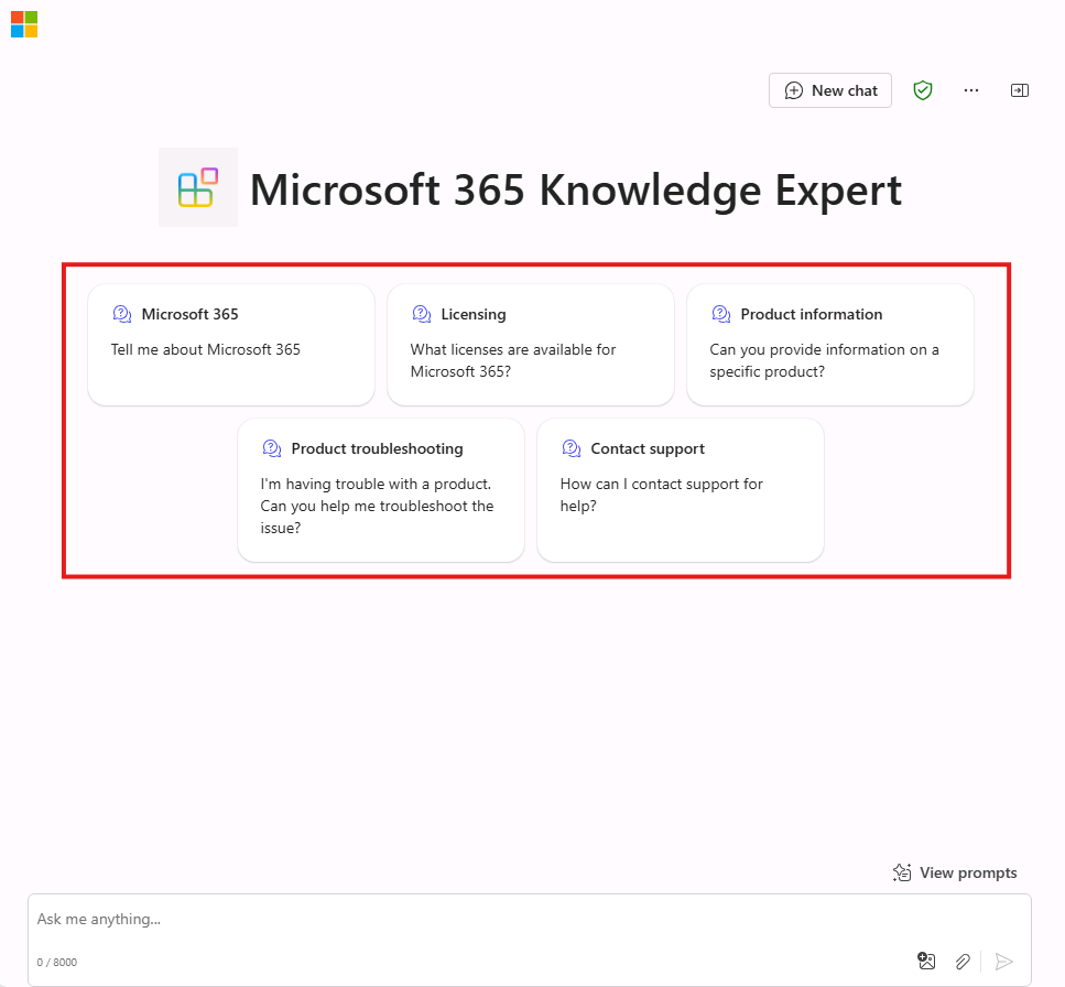 Screenshot of Microsoft Edge showing the Microsoft 365 Knowledge Expert declarative agent in the immersive experience with custom conversation starters.