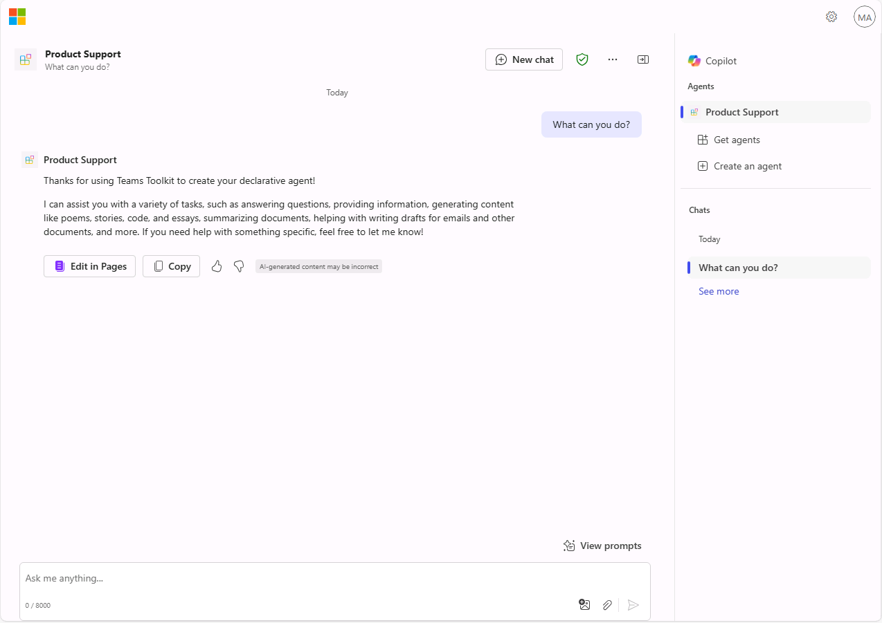 Screenshot of Microsoft Edge showing Microsoft 365 Copilot. The icon to open the side panel and the Product support agent in the panel are highlighted.