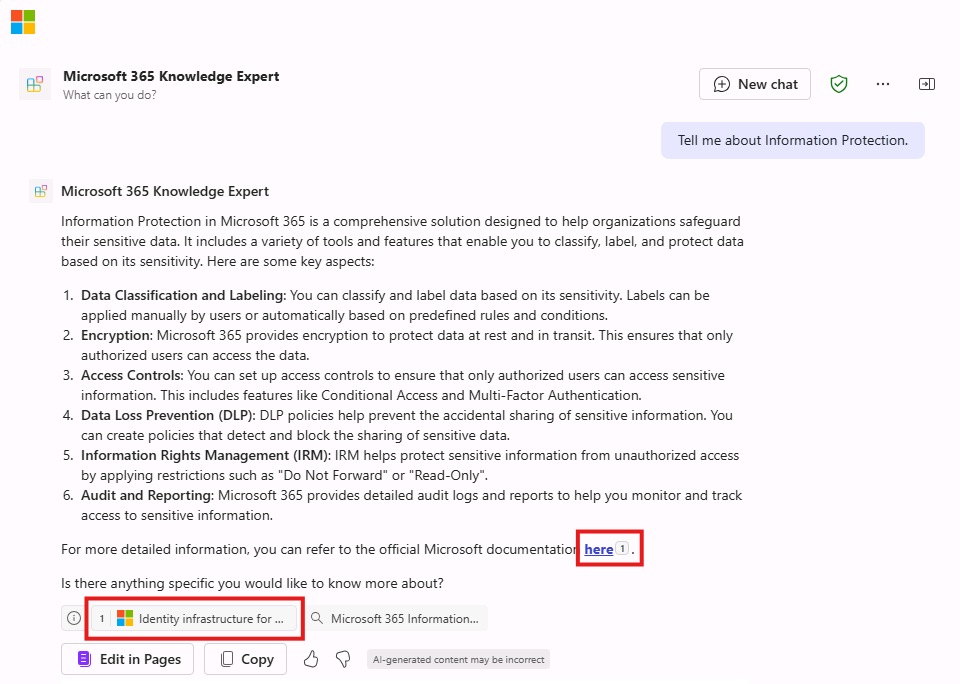 Screenshot of Microsoft Edge showing Microsoft 365 Copilot. A response from the Microsoft 365 Knowledge Expert agent is displayed with information about Information Protection in Microsoft 365.