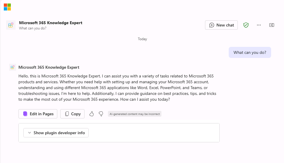 Screenshot of Microsoft Edge showing Microsoft 365 Copilot. A response from the Microsoft 365 Knowledge Expert agent is displayed explaining its capabilities.