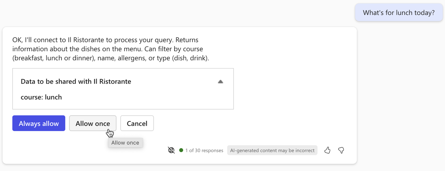 Screenshot of the Microsoft 365 Copilot interface with the lunch confirmation.