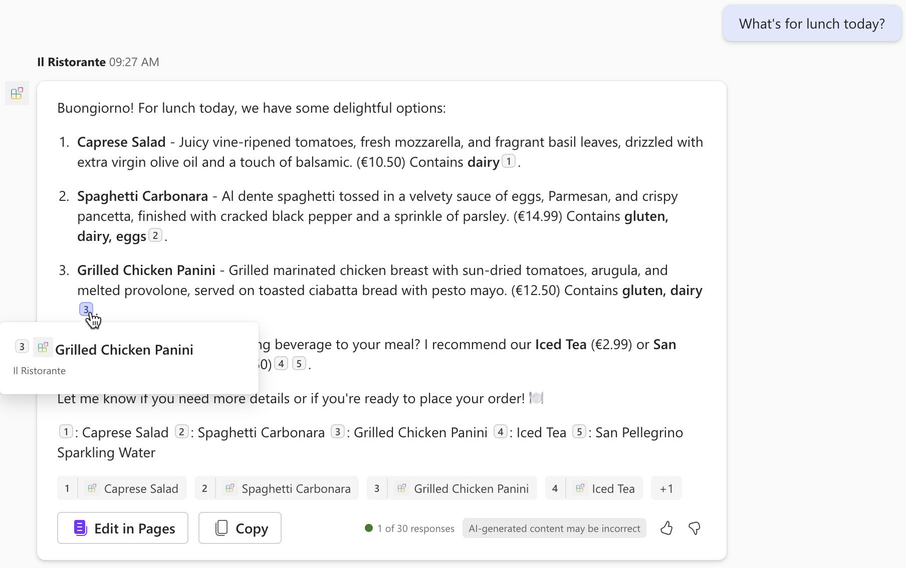 Screenshot of the Microsoft 365 Copilot interface with the lunch response.