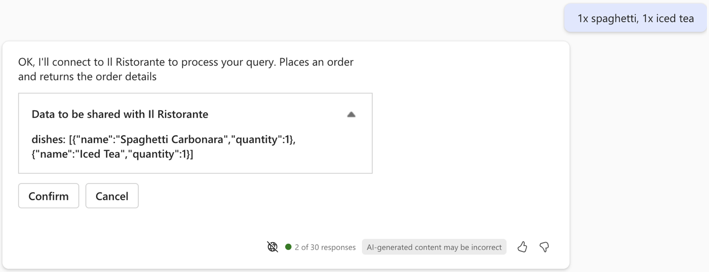 Screenshot of the Microsoft 365 Copilot interface with the order confirmation.