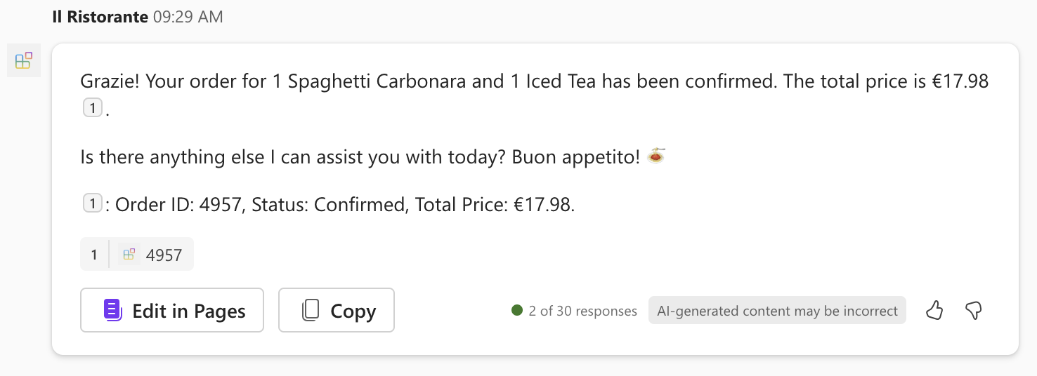 Screenshot of the Microsoft 365 Copilot interface with the order response.
