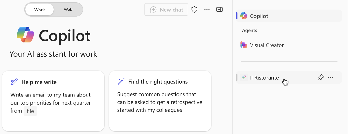 Screenshot of the Microsoft 365 Copilot interface with the Il Ristorante agent selected.