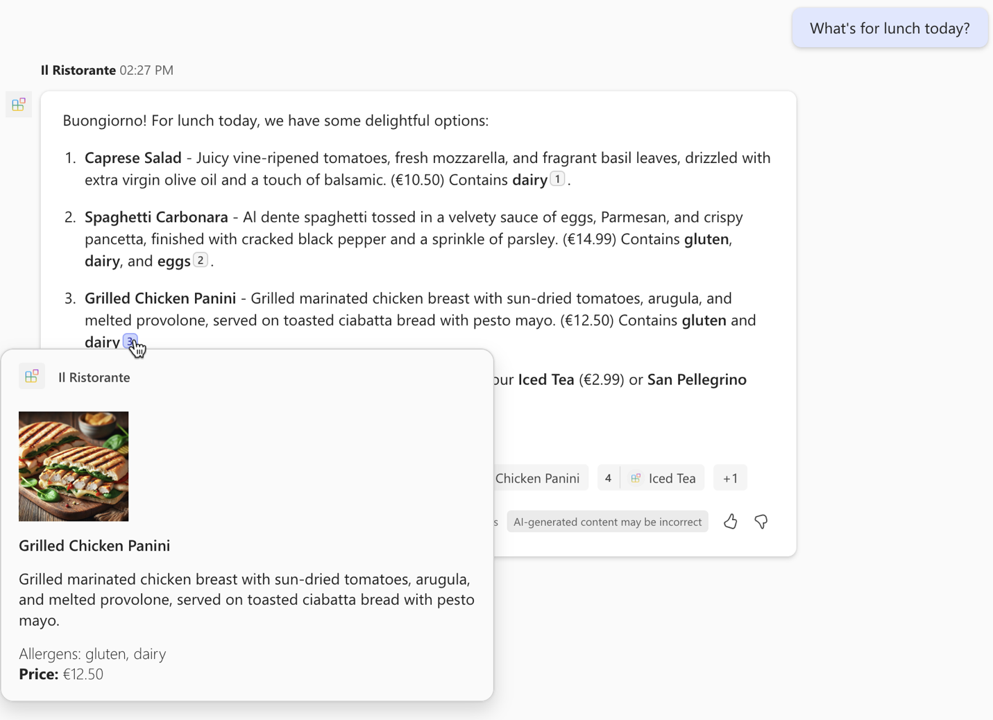 Screenshot of a declarative agent that responds to a user with information from an external API using an Adaptive Card.