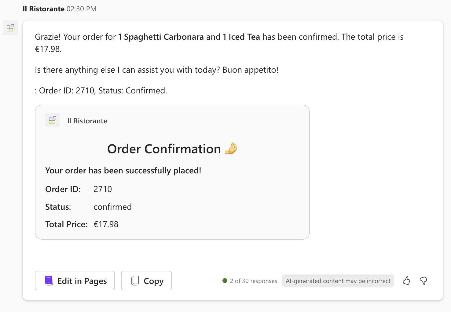 Screenshot of the Microsoft 365 Copilot interface with the order response.