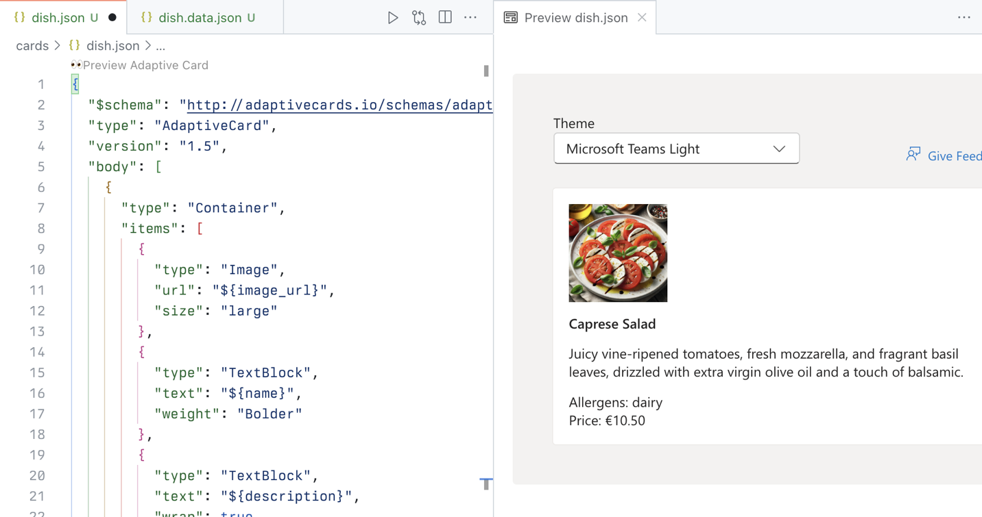 Screenshot of Visual Studio Code showing the preview of an Adaptive Card of a dish.
