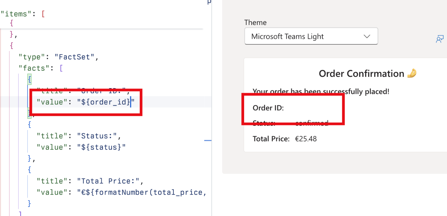 Screenshot of Visual Studio Code showing a preview of an Adaptive Card without the order number.
