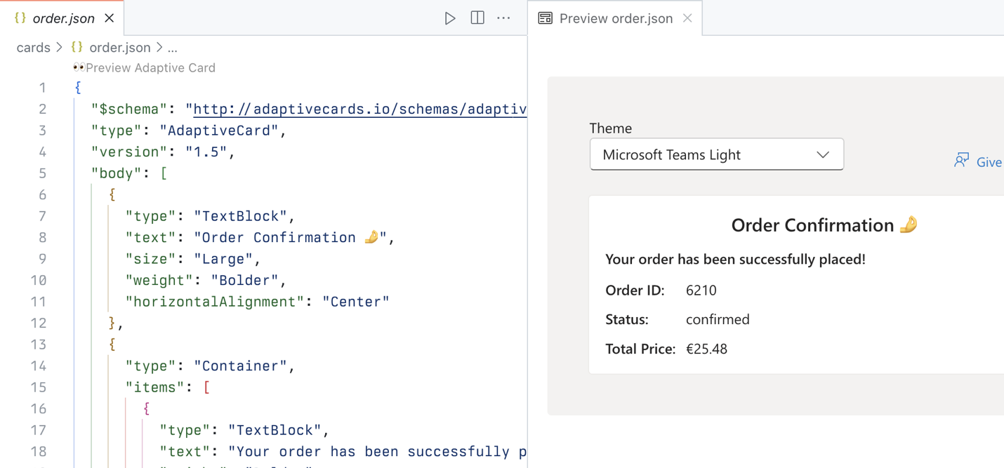 Screenshot of Visual Studio Code showing the Adaptive Card preview of an order.