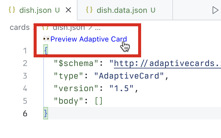 Screenshot of Visual Studio Code showing the Adaptive Card preview.