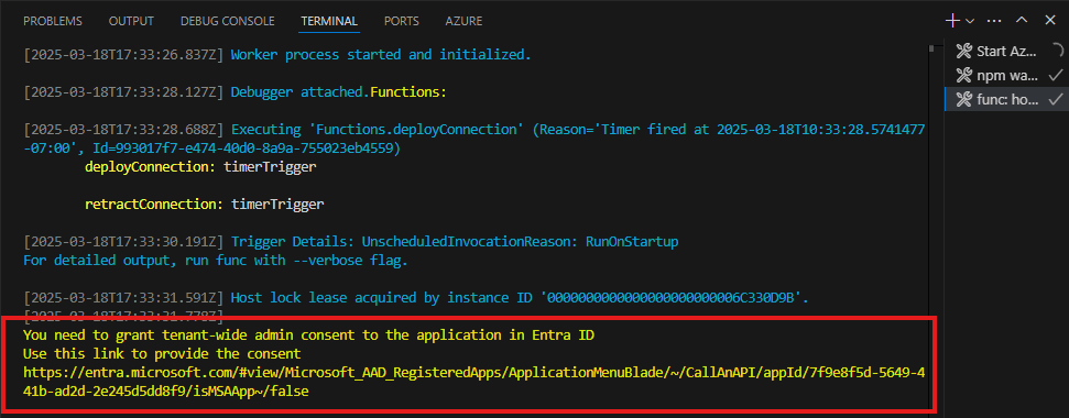 Screenshot of Visual Studio Code showing the permissions consent message.