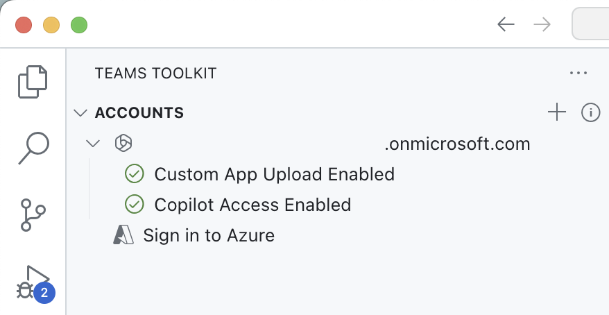 Screenshot of Teams Toolkit showing signed in accounts.