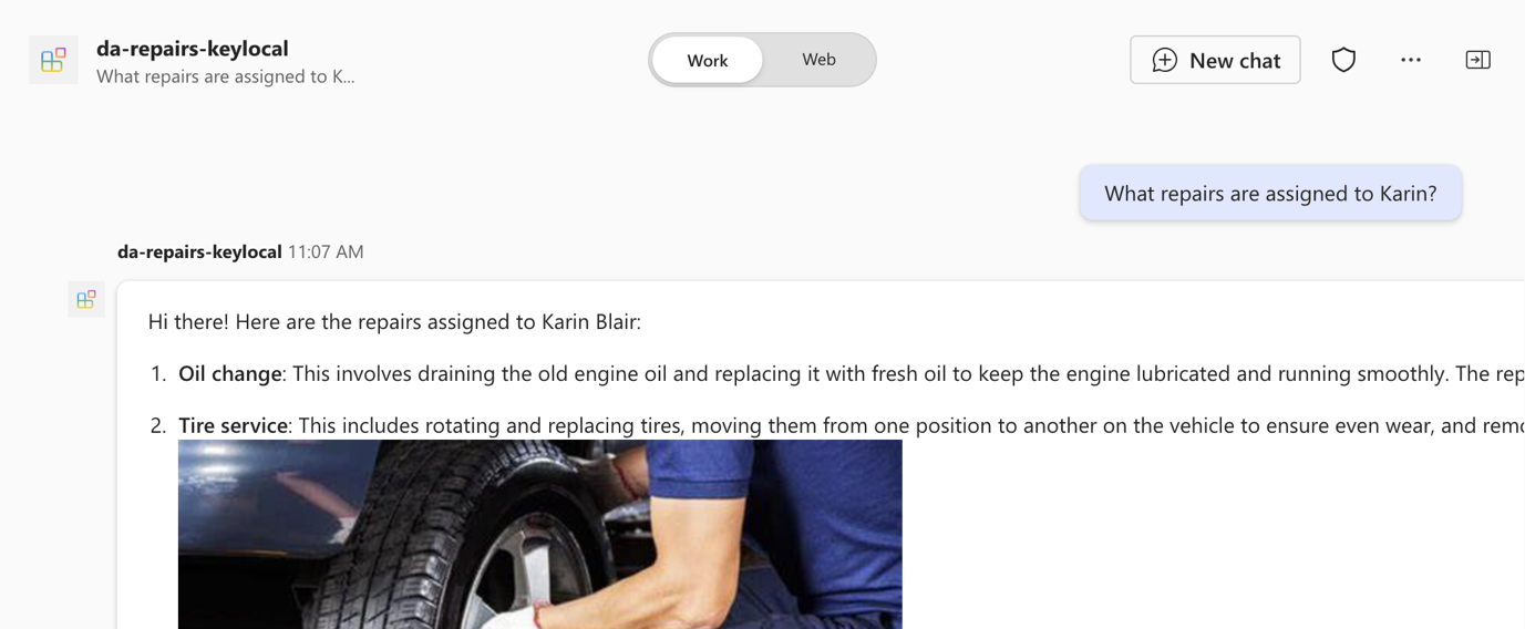 Screenshot of the response of the custom agent to the user's prompt.