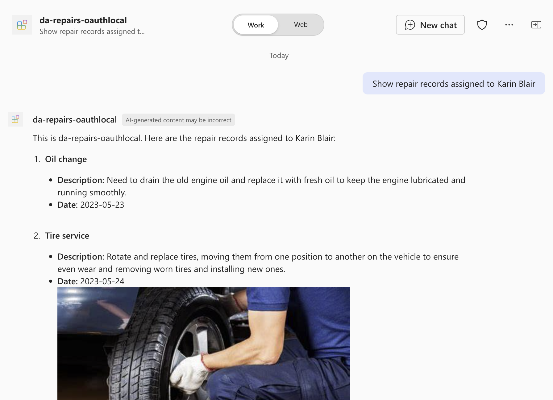 Screenshot of the response of the declarative agent to the user's prompt.