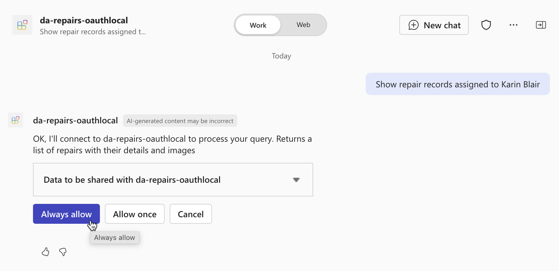 Screenshot of the prompt to allow sending data to the API.