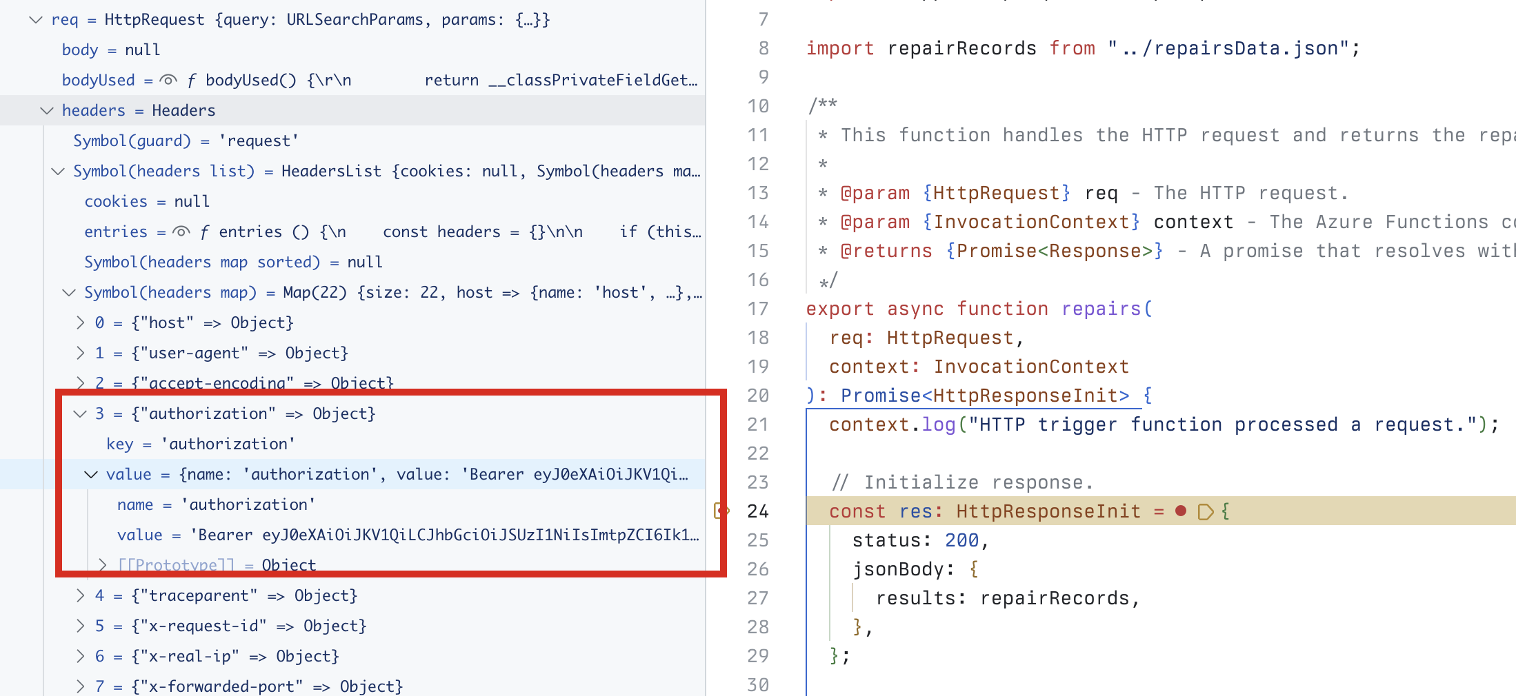 Screenshot of Visual Studio Code with a breakpoint and the debug panel showing the authorization header on the incoming request.